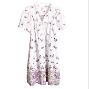Butterfly Housecoat Snap Front Nightgown Pajama Lounge Dress White Pink Small